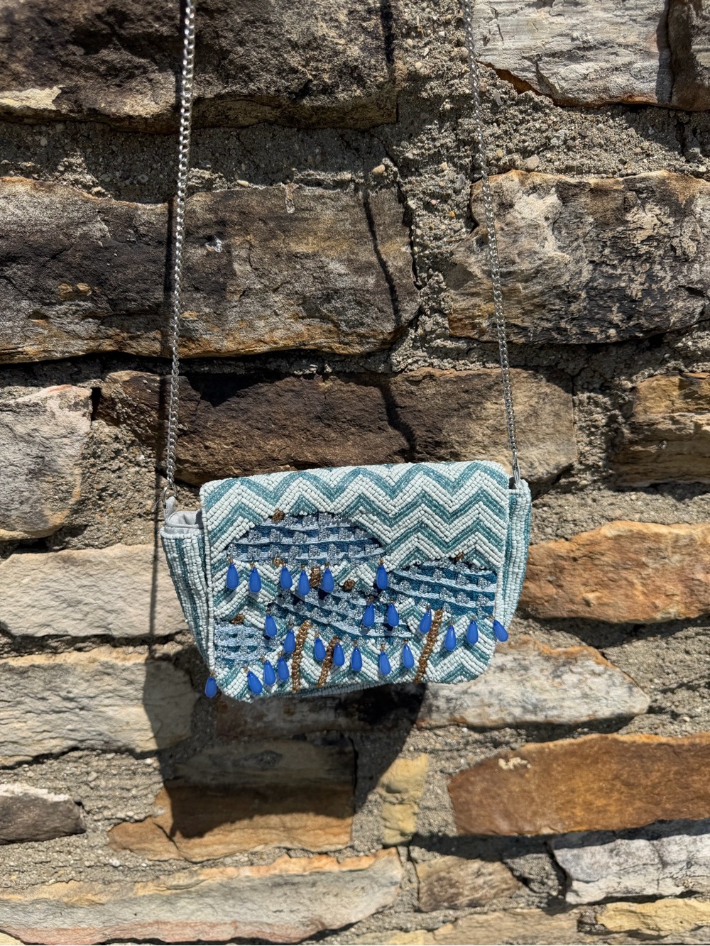 Beaded Chevron Crossbody Bag in Teal and Blue Beach Umbrellas